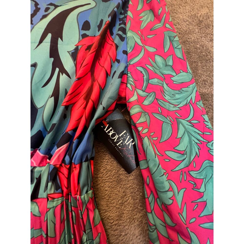 Far Above Rubies Tropical Print Pleated Midi Dress Tie Neck 3/4 Sleeve 3XL - Picture 6 of 9